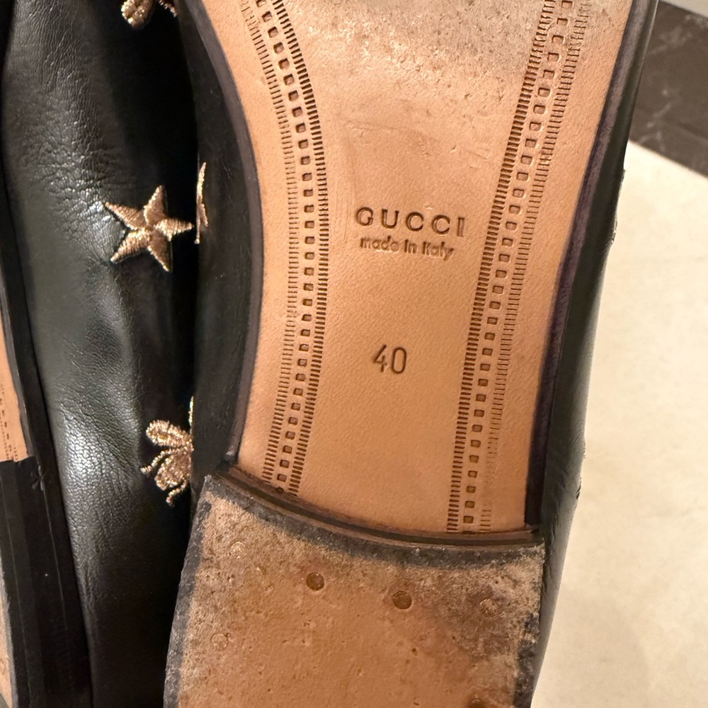 Gucci Black Leather Horsebit Loafers with Gold Embroidered Stars & Bees - Picture 7 of 7